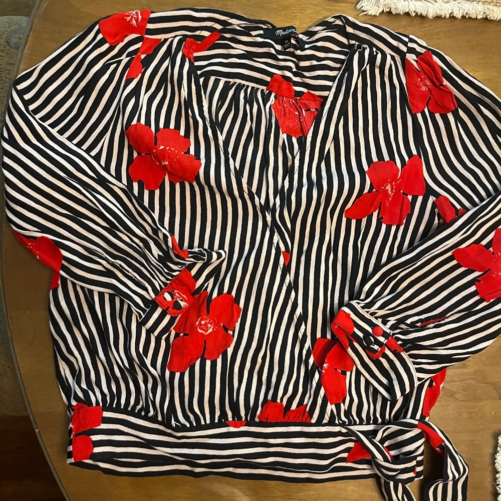 Madewell Red Floral Black Striped Blouse